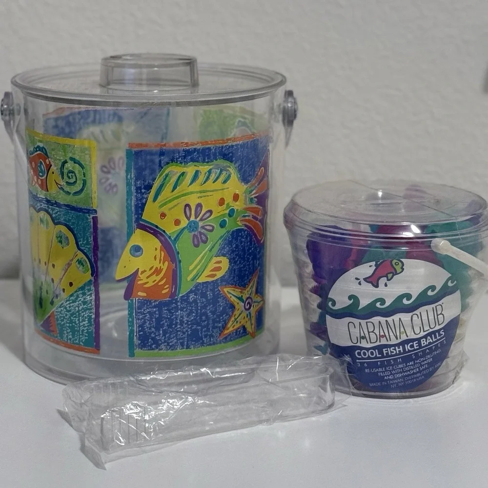 Vintage Fish 80s 90s Acrylic Ice Bucket Tongs & BONUS Cool Fish Ice Balls Sealed